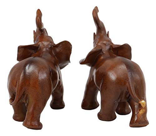 Faux Wood Feng Shui Elephant w/ Trunk Up Statue Set of 2 for Home Decoration