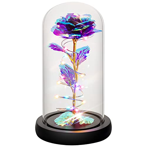 Rotating Romantic Roses Light Up Rose in Glass Dome, Spinning Colorful Artificial Rose Flower Gifts for Her