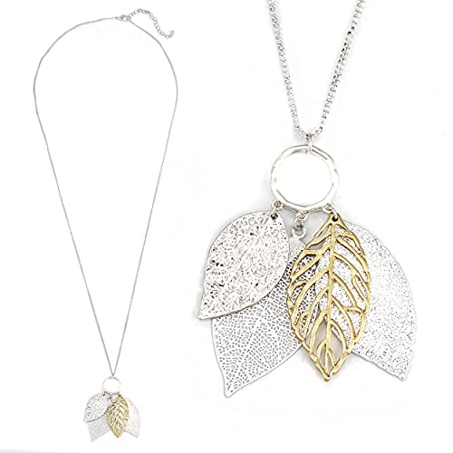 Two Tone Filigree Fall Leaf Pendant Long Necklace for Women