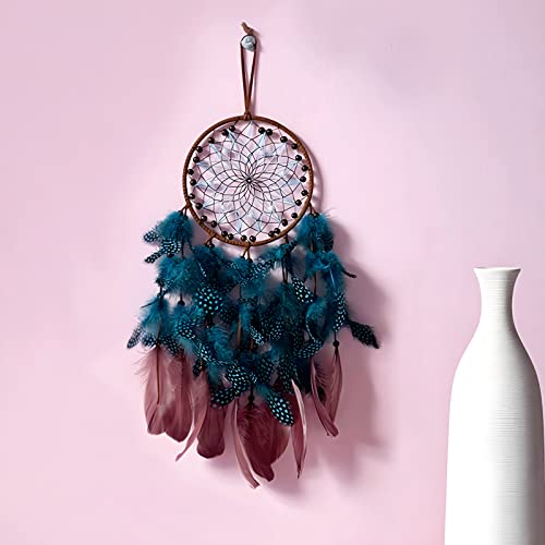 Dream Catcher Boho Sun Dream Catcher Peacock Green Feathers with Handmade Pearl and Wooden Beads,
