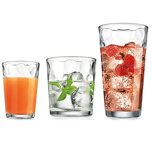 12 Piece Glass Cups Set 4 Highball Glasses(17 oz.) 4 Rocks Glasses(13 oz.) 4 Juice Glasses(7 oz.)