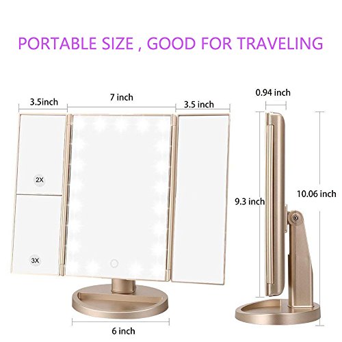 Tri-fold Lighted Vanity Makeup Mirror w/ 3x/2x Magnification, Touch Screen &180 Degree Free Rotation