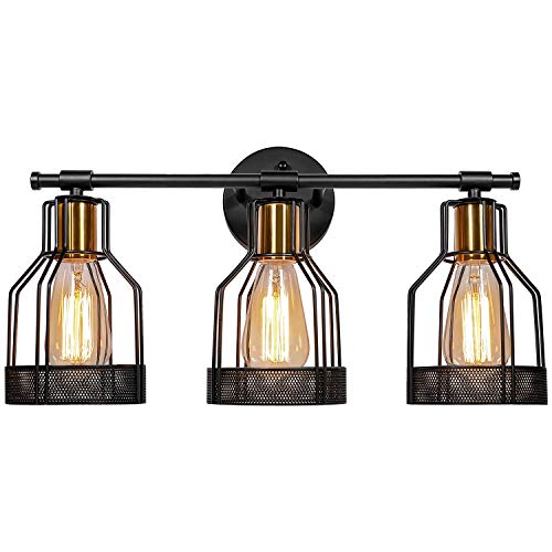 3-Light Farmhouse Bathroom Vanity Light Fixtures, Industrial Black & Gold E26 Socket