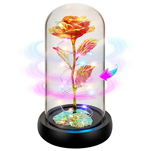 Rotating Romantic Roses Light Up Rose in Glass Dome, Spinning Colorful Artificial Rose Flower Gifts for Her