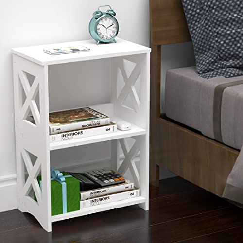 White -3-Tiers Narrow End Table w/ Storage Shelf
