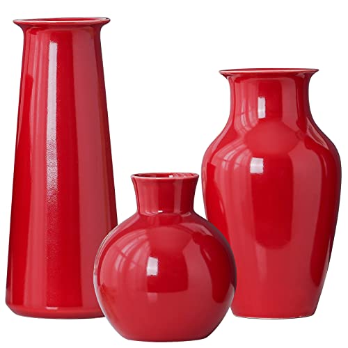 Set of 3 Red Ceramic Vase for Home Decoration