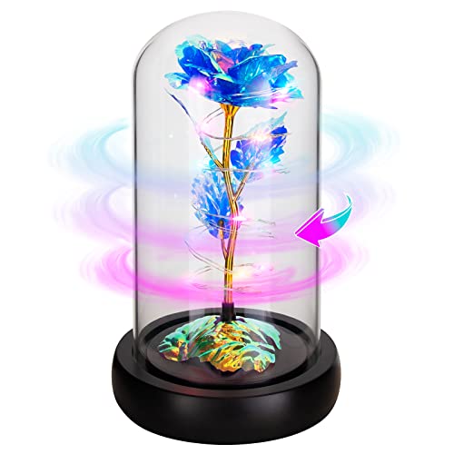 Rotating Romantic Roses Light Up Rose in Glass Dome, Spinning Colorful Artificial Rose Flower Gifts for Her