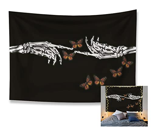 Skeleton Tapestry Butterfly Wall Hanging Black and White Finger Bones Sign Hand Trippy