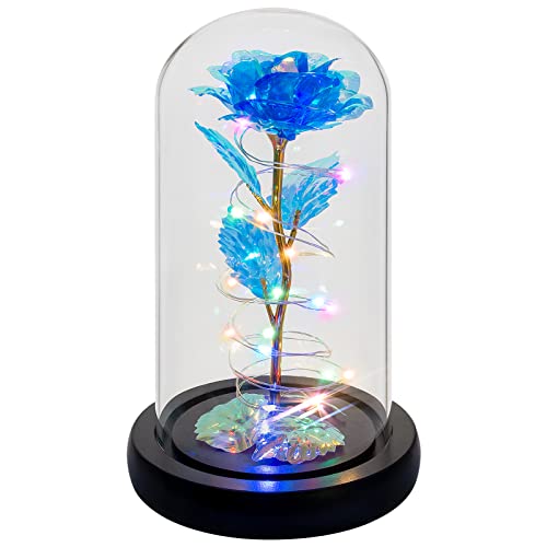 Rotating Romantic Roses Light Up Rose in Glass Dome, Spinning Colorful Artificial Rose Flower Gifts for Her