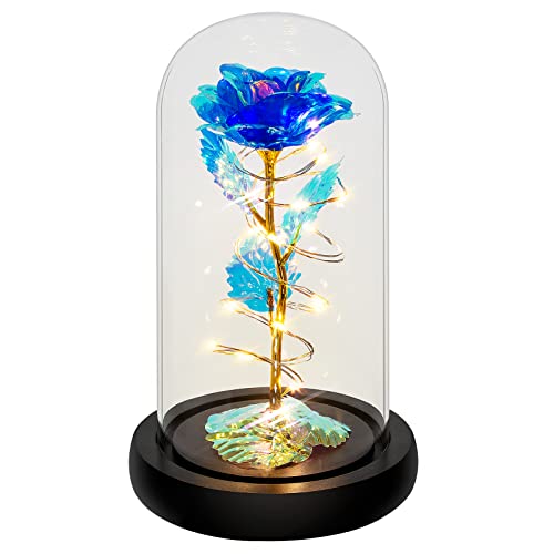 Rotating Romantic Roses Light Up Rose in Glass Dome, Spinning Colorful Artificial Rose Flower Gifts for Her