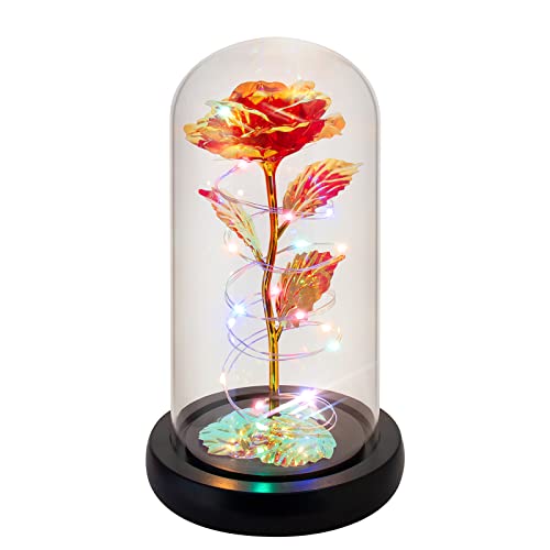 Rotating Romantic Roses Light Up Rose in Glass Dome, Spinning Colorful Artificial Rose Flower Gifts for Her