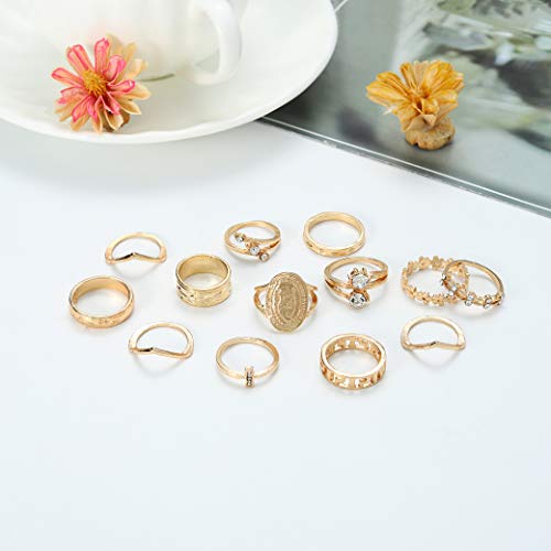 Vintage Ring Set Carved Knuckle Crystal Rings Set Gold Stackable Midi Rings Finger Jewelry for Women