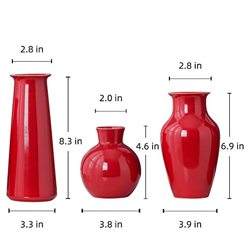 Set of 3 Red Ceramic Vase for Home Decoration