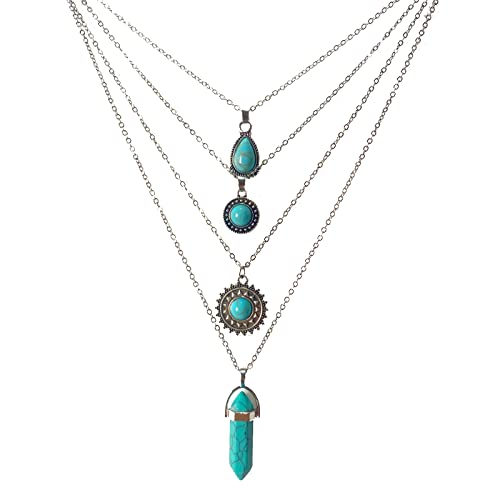 Silver Turquoise Layered Necklaces for Women Girls