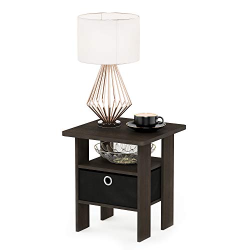 End Table Bedroom Night Stand w/Bin Drawer, Dark Brown/Black