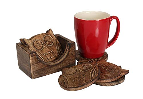 Class Wooden Crafted Coaster Set of 6 w/ Coasters Holder (Owl Shape)