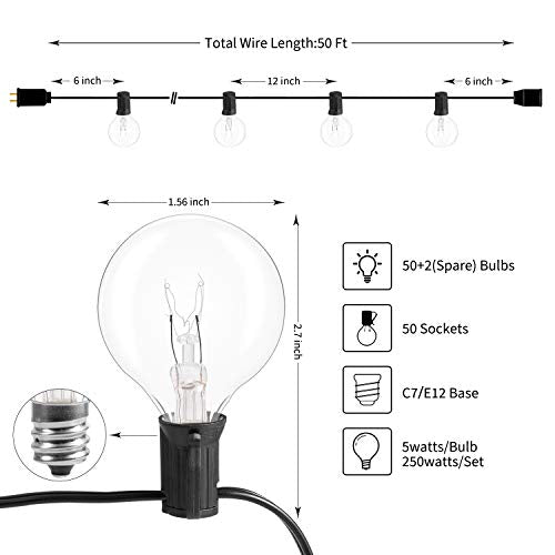 50Feet G40 Outdoor String Lights w/52 Clear Bulbs(2 Spare), UL Listed Connectable