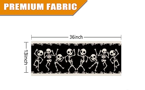 Halloween Table Runner Skeleton Dancing Funny Black Linen Seasonal Halloween