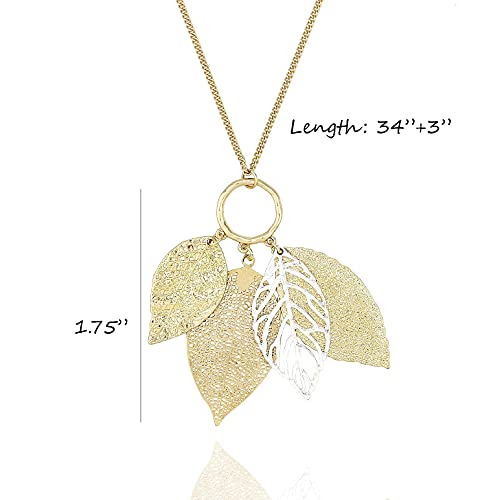 Two Tone Filigree Fall Leaf Pendant Long Necklace for Women