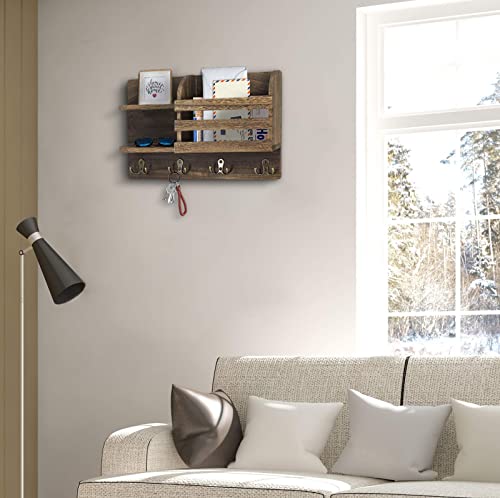 Wall Mounted Mail Holder Floating Shelves w/ Hooks for Keys, Letters, Bills