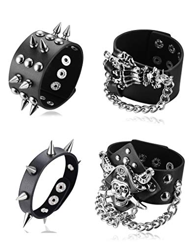 4Pcs Spike Studded Rivet Skull Demon Black Punk  Bracelet for Men/Women