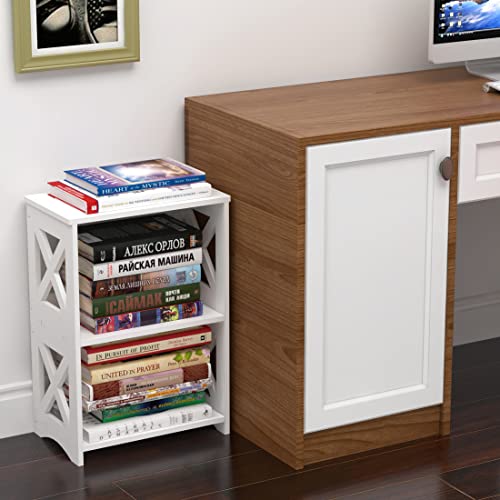 White -3-Tiers Narrow End Table w/ Storage Shelf
