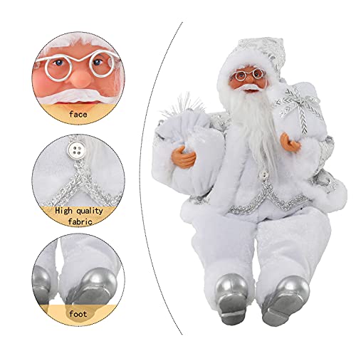 Christmas Sitting Santa Hand Crafted White Silver Coat Santa Claus Figurine