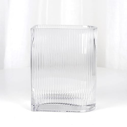 Clear Glass Vases for Centerpieces,Wide Ribbed Flowers Vase Large Wide Mouth Modern Fluted Glass