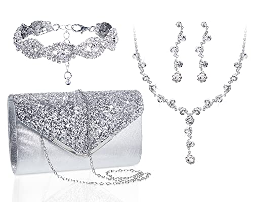 5 Pcs Purse Rhinestone Jewelry Set Rhinestone Clutch Purse Wedding Bride Prom Jewelry Necklace Earrings