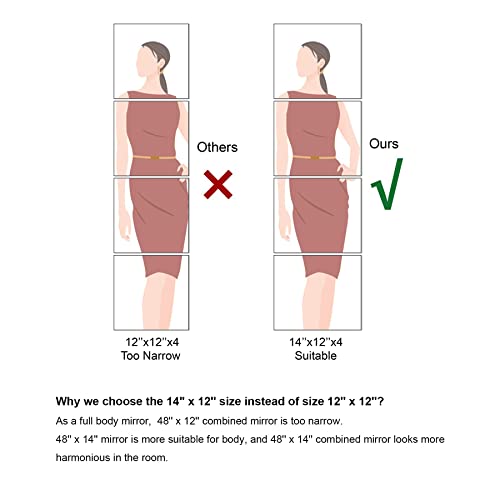 Glass Full Length Wall Mirror Tiles, 14'' x 12'' x 4PCS, Frameless Full Body