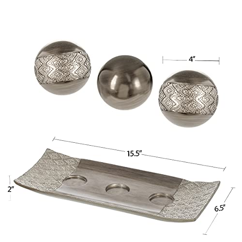 Decorative Tray and Orbs Balls Set - (Brushed Silver)