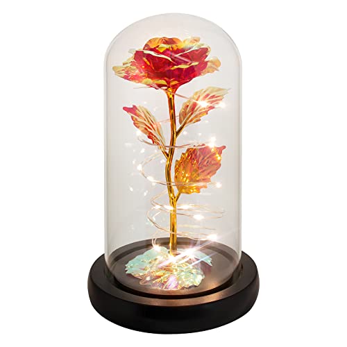 Rotating Romantic Roses Light Up Rose in Glass Dome, Spinning Colorful Artificial Rose Flower Gifts for Her