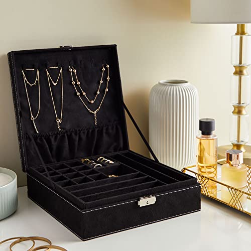 Two Layer Black Jewelry Box Organizer w/ Lock &  Key, Display Case w/ Removable Tray (10.5 x 10.5 inch)