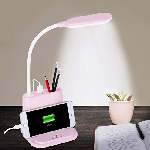 Rechargeable Desk Lamp w/ USB Charging Port, Pen Holder & Phone Holder