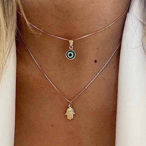 14K Gold Plated Evil Eye Necklace, Layered Necklace Bule Hamsa Eye Necklace Lucky Protection Jewelry Adjustable