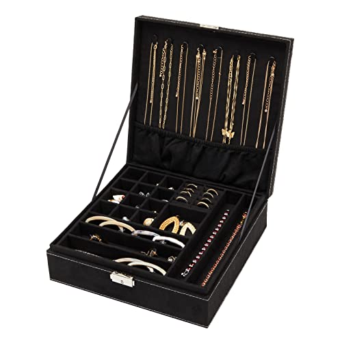 Two Layer Black Jewelry Box Organizer w/ Lock &  Key, Display Case w/ Removable Tray (10.5 x 10.5 inch)