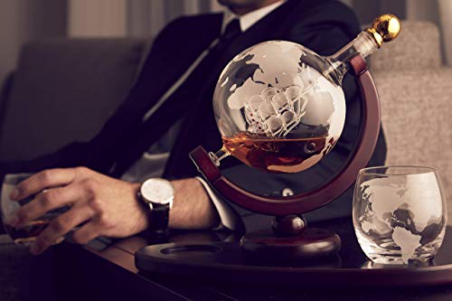 Whiskey Decanter Globe Set w/ 2 Etched Globe Whisky Glasses  - 850ml