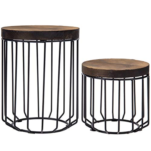 Rustic Brown Burnt Wood & Metal Wire Round Display Riser Stands Set of 2