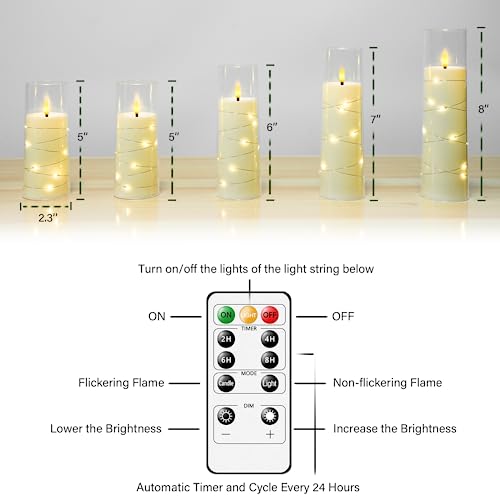Flameless LED Timer 5 Pc Flickering Flameless Candles for Romantic Ambiance & Home Decoration Durable Acrylic Shell w/  Embedded Star String