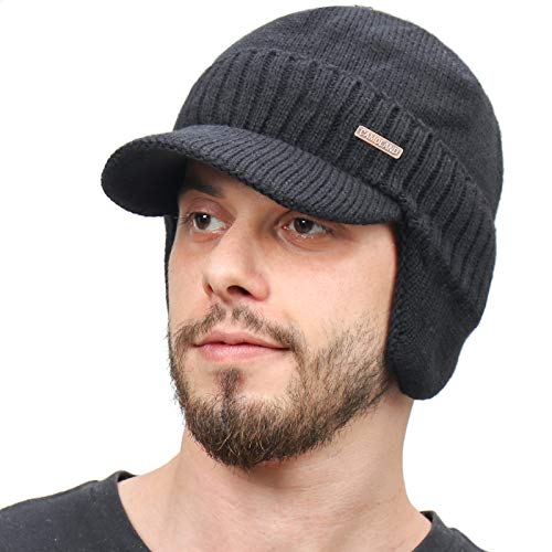 Mens Winter Beanie Visor w/ Earfaps & Fleece Hat Scarf Set