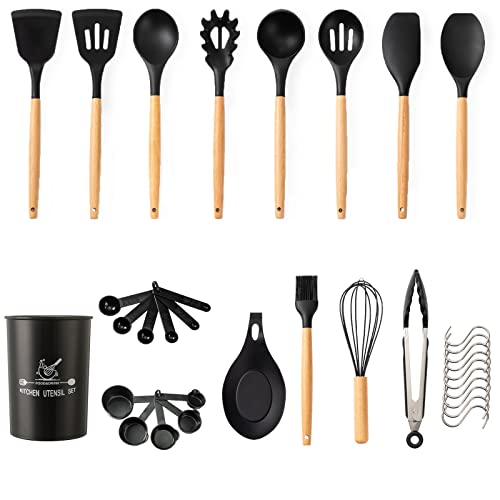 33 PCS Silicone Kitchen Cooking Utensils Set - Wooden Handles