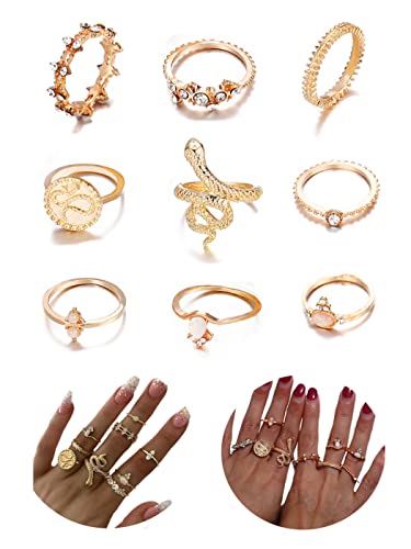 Vintage Ring Set Carved Knuckle Crystal Rings Set Gold Stackable Midi Rings Finger Jewelry for Women