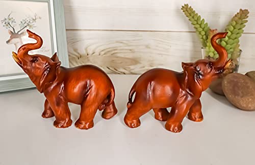 Faux Wood Feng Shui Elephant w/ Trunk Up Statue Set of 2 for Home Decoration