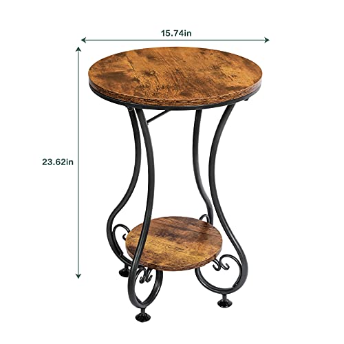 Round Side Table for Small Spaces, Rustic Brown & Black