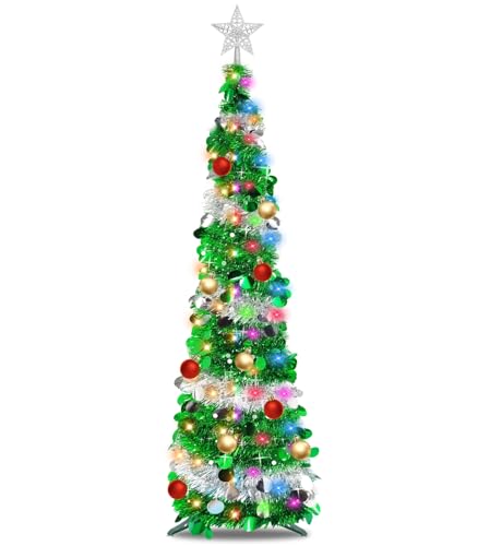 Dual Color Change Lights & Timer - 5 Ft Tinsel Christmas Tree Ball Ornaments Star Pop up Christmas Tree Battery