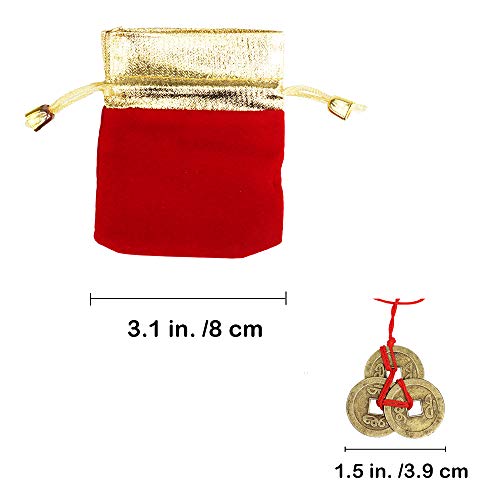 30 Pcs Chinese 3 Brass Coins with Red Ribbon and 6 Pcs Red Gold Lucky Bags Feng Shui Lucky Coins