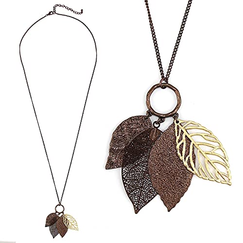 Two Tone Filigree Fall Leaf Pendant Long Necklace for Women