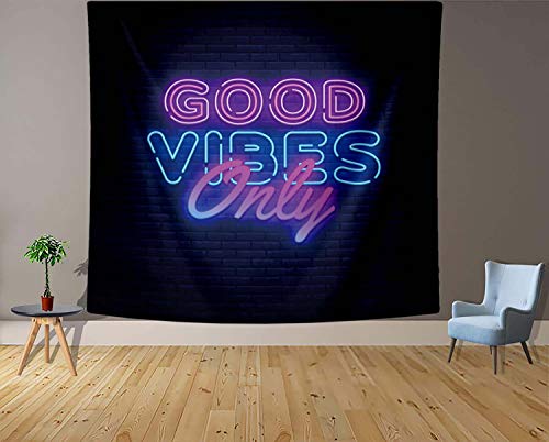 Neon Good Vibes Only Words in Neon Tapestry Wall Decoration Black Blue 60x50inch