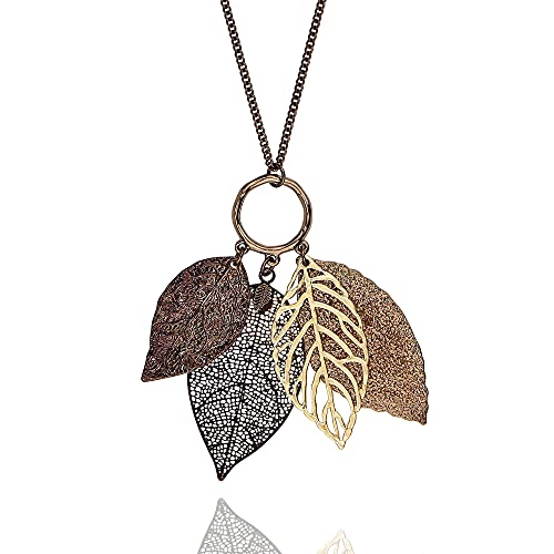 Two Tone Filigree Fall Leaf Pendant Long Necklace for Women