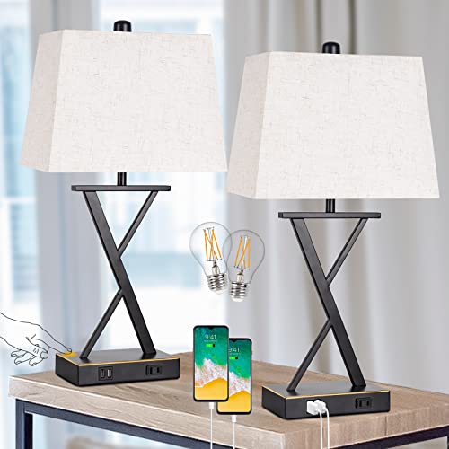 Set of 2 Table Lamps with 2 USB Ports & 1 AC Outlet